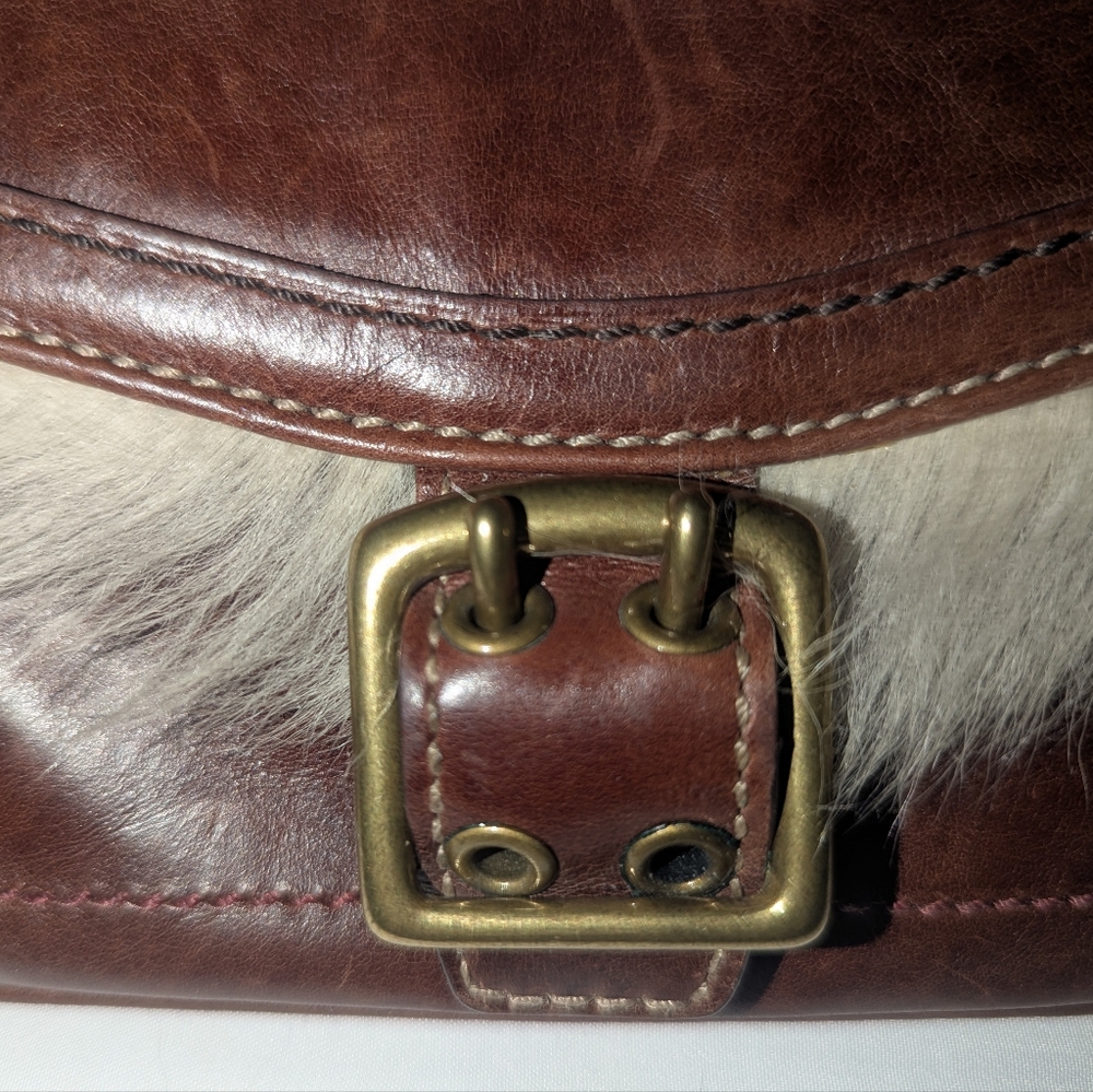 Coach Brown Leather and Cream Fur Clutch with Brass Buckle - Picture 5 of 9